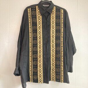 Linda Allard Ellen Tracy Blouse Black Linen Embroidered Beaded Roomy Shirt Sz 12